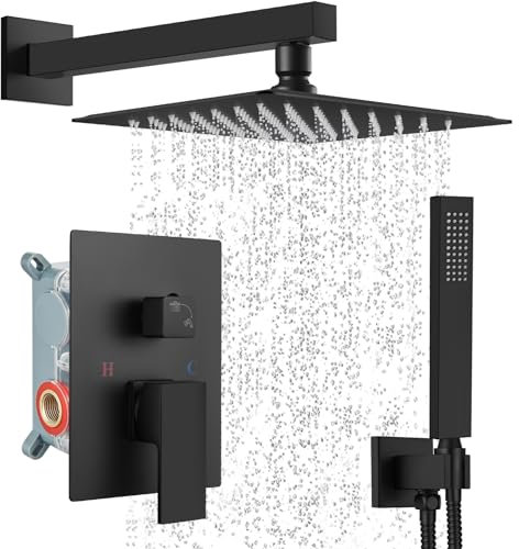 Midanya Système de douche à effet pluie carré avec pommeau de douche mural avec pulvérisateur à main, kit de garniture de valve brute, ensemble combiné de douche mitigeur de salle de bain, bouton