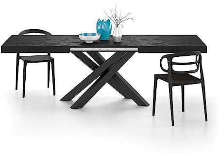 MOBILI FIVER, Mesa Extensible Emma 160(240) x90 cm, Color Cemento Negro con Patas Cruzadas Negras, para 6-10 Personas, Mesa Extensible de Comedor, Mesa Cocina, Salon, Made In Italy