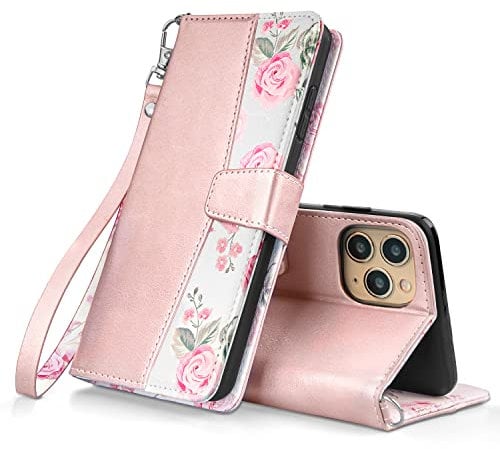 XTCASE Wallet Case for iPhone 13 Pro Max 6.7 inch, Premium PU Leather Flip Case with [Card Holder] [kickstand] [Hand Strap] [TPU Inner Shell] Shockproof Protective Phone Case, Rose Flower