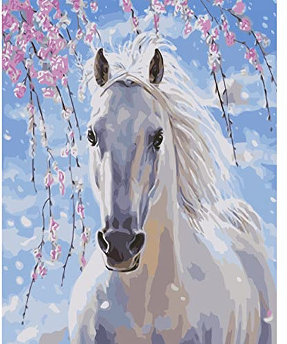 UNIVERTEN Kit Peinture par Numéro pour Adulte Enfant, Kit Peinture Adulte Enfants, Peinture Loisir Creatif Enfant Idéal Comme Cadeau Anniversaire, Noël ou Décoration Intérieure, Cheval Blanc(40x50cm)