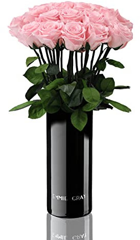Classic Vase Set | Long Stem Infinity Rosen Inklusive Schwarzer Glasvase - Luxuriöser Rosenstrauß Aus Echten Premiumrosen, Die 1-3 Jahre Halten (Bridal Pink, 15 Stück)