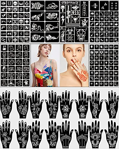 Aresvns 210+ Musterentwürfe Indien Henna Schablonen Set für Frauen Finger Hände Körperbemalung, 22 Stück DIY Air Brush Temporäre Tattoo Schablonen für Mädchen