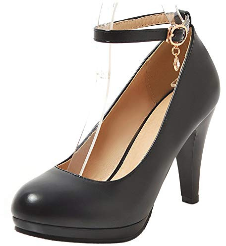 Escarpins Habillés Femme, Escarpins Cônique Elegant Chaussures de Mariage Talons Hauts Bout Rond Bride Cheville avec Plateforme Boucle Noir Taille 45 EU