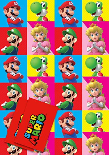 Offizielles Super Mario Geschenkpapier, 2 Bögen 2 Anhänger, Geschenkpapier für Geschenke, offiziell lizenzierte Geschenkpapier