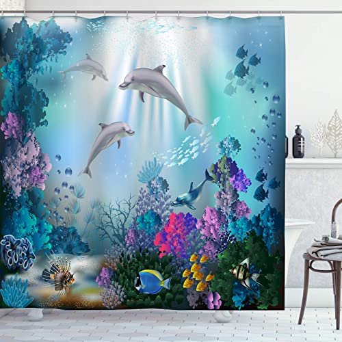 OCEUMACO Tenda Doccia Antimuffa Delfini Elegante Tende Doccia Angolare Tessuto Poliestere Impermeabile 240x200 cm Vasca Bagno Design Sotto Mare Blu Stoffa Grande Lavabile Lavatrice con Anelli