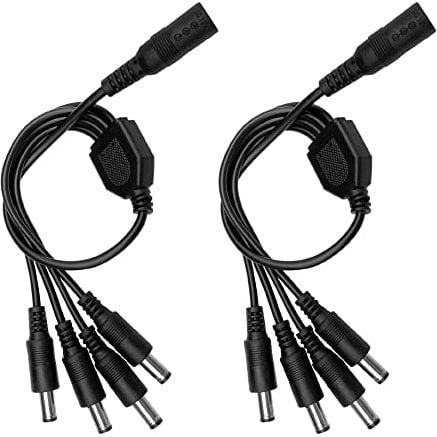 Lot de 2 câbles répartiteurs d'alimentation CC 1 à 4 voies, 1 femelle vers 4 mâles, câble adaptateur en Y de sortie CC avec fiche cylindrique 5,5 mm x 2,1 mm pour caméras, éclairage LED et plus encore