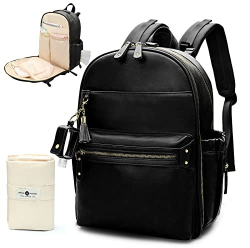 miss fong Wickeltasche, Baby-Wickeltasche, Wickeltasche mit nachfüllbarem Flaschen-Schlüsselanhänger, Kinderwagen-Clips und Wickelunterlage, Leder-Wickeltasche, Baby-Tasche für Mama, Schwarz