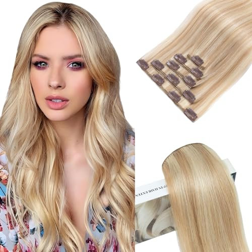 Elailite Clip in Extensions Echthaar, 5 Pcs Remy Haarverlängerung mit 12 Clips, 35cm-60g Glattes Haarteile Natürlich Haarextension für Frauen Damen #18P613 Aschblond mix Hellblond