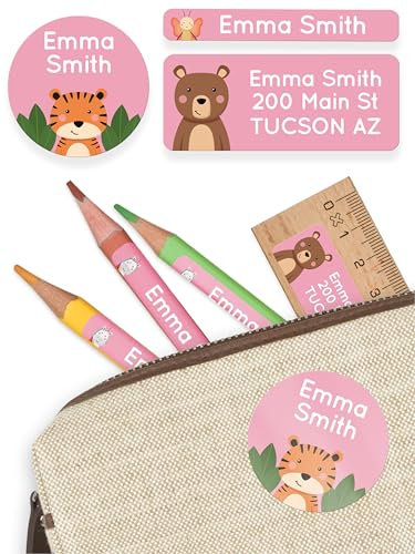 melu kids® Namensaufkleber Set für Kinder in der Schule (50 Stück) - Personalisierte Aufkleber mit Namen für Schulsachen - Wasserfest und in verschiedenen Größen - rosa