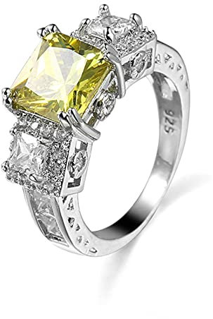 Wycian Citrin Stein Schmuck, Ring Weissgold Quadratischer Eingelegter Zirkon Silbergelb Größe 62 (19.7) Memoire Ringe für Jahrestag