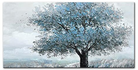 Mintura Kunst-Kunstwerk, handgemaltes Wandbild mit blauem Baum, Wohnzimmer, Acryl-Leinwand, Hoteldekoration, Ölgemälde auf Leinwand, 70 x 140 cm, ungerahmt