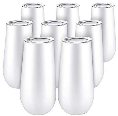 Vklopdsh 8 Pack Wine Glasses with Champagne Flutes Stemless, 6 Oz Double Insulated Wine Tumbler with Lids, Cocktail Glasses, White