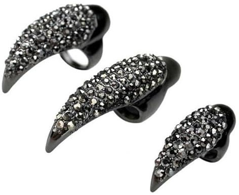 Veemoon 10 StüCk Gothic Clawsable Nail Rings, 3 Fingerring Falsches Nagel Kristall Volle Finger Nagel Ringe Dunkel Punk-Stil Krallenring Cosplay KüNstliche NäGel Kristall Strass Krallen, 2S/6M/2L