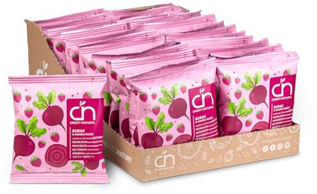 Crispy Natural Chips de Remolacha con Frambuesa 24x18g – Snack Natural Crujiente, Sin Azúcares Añadidos, Sin Gluten, Fuente de Fibra, Ideal para Llevar o Comer Entre Horas