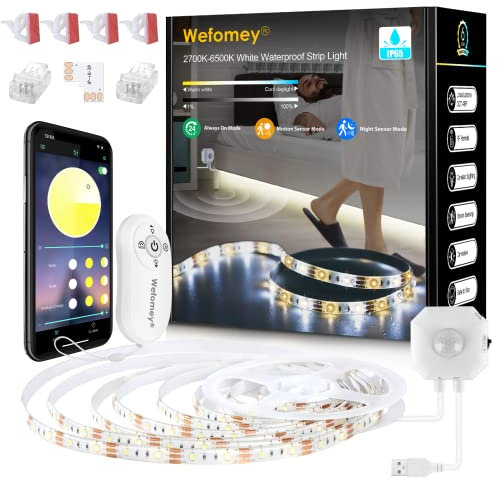 Wefomey Ruban LED Blanc Chaud avec Detecteur de Mouvement, 3M Imperméable Dimmable 2700-6500K Bande LED Blanc Froid pour Cuisine, Meuble, Vitrine, Escalier, Chambre Décoration