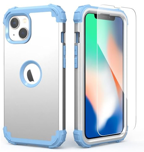 IDweel Schutzhülle für iPhone 13, mit Displayschutzfolie, Hybrid-Hülle, stoßfest, strapazierfähig, harte Polycarbonat-Abdeckung, weiches Silikon, stabil, Ganzkörperabdeckung, Silber/Hellblau