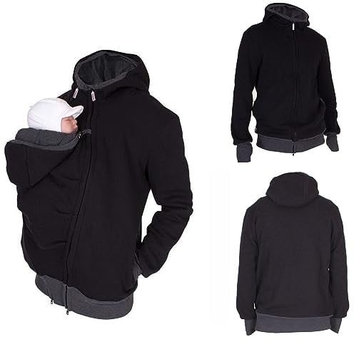 HEGZA 2 in 1 Multi-Function Mens Kangaroo Sweatshirt Hoodie Jacket for Dad and Baby Carrier Pullover Sweater,Black,L