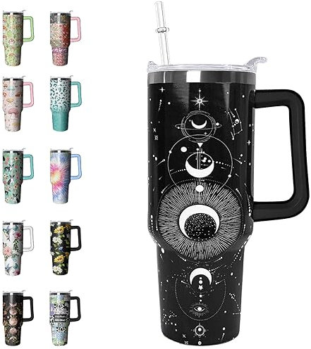 Rcvlauf Goth Tumbler Constellation Gifts Halloween Moon Tumbler 1.2L Goth Gifts for Women Men Cups Coffee Travel Mug with Handle Leakproof Insulated Witch Gothic Decor Stuff
