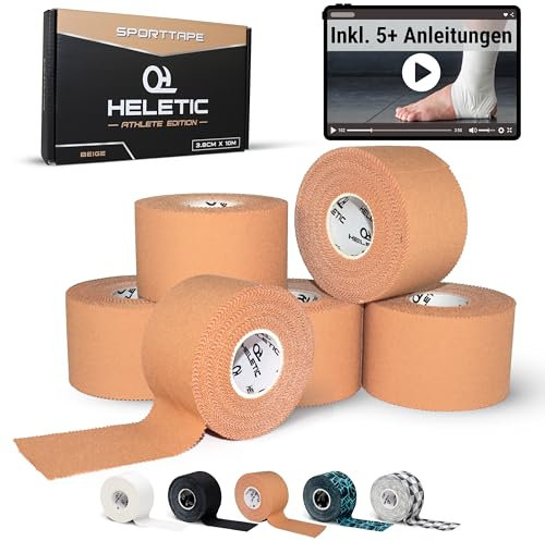 HELETIC Sporttape 3,8cm x 10m Athlete Edition - unelastisches starres Tape mit extra starker Klebkraft, leicht abreißbar & wasserabweisend (Beige, 6 Rollen)