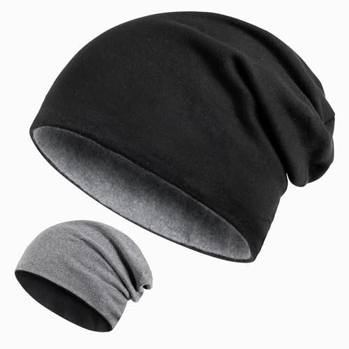 Kiiwah 2 in 1 Reversible Beanie XXL, 58–68 cm Großer Kopf Slouch Beanie Mütze Lange, Strickmützen Winter Chemo Mütze für Herren Damen, Schwarz Grau