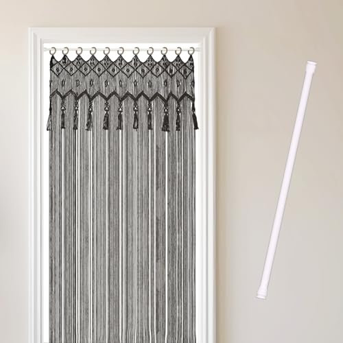 Cozyor Makramee Boho Vorhang + Klemmstange 70-120 cm ohne Bohren Türvorhang Fenstervorhang 132x200cm Raumtrenner, Wandbehang & Deko schwarz weiß, Hochzeit handgemacht