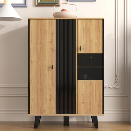 KOMHTOM Buffet noir et bois avec 4 grands compartiments de rangement, vitrine avec verre et lumières LED, armoire polyvalente pour salon, chambre, couloir et salle à manger. (A)