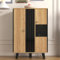 KOMHTOM Sideboard in Schwarz und Holz, Sideboard mit 4 großen Ablagefächern, Vitrine mit Glas und LED-Leuchten, Mehrzweckschrank für Wohnzimmer Schlafzimmer Flur und Esszimmer. (A)
