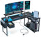 DOMICON L Shaped Gaming Desk, 55 Inch Computer Desk with Adjustable Stand & RGB Lights, Corner Desk for Power Outlet, Carbon Fiber Texture, Gaming Room