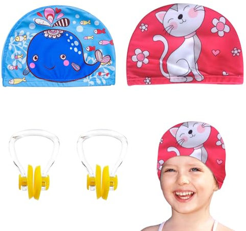 Cuffia da Nuoto Bambini con Tappi per Naso,Cuffia Piscina Bambino,Cuffia Nuoto Bambina 2-8 Anni,Tessuto Cuffie da Nuoto,Elastica Cuffia Nuoto,Antiscivolo Cuffie da Nuoto per Bambini