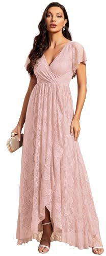 Ever-Pretty Robe Demoiselle d'honneur Femme Longue Asymétrique Dentelle Manches Courtes Col V Fluide Chic Rose 50