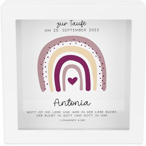 kleinebuchstaben® Spardose Taufe personalisiert Holz mit Namen zur Geburt Kommunion Konfirmation Mädchen mit Taufspruch und als Geldgeschenk – Taufgeschenk, Paten/Patin - Motiv: Regenbogen Rosa