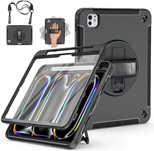 Miesherk Hülle für iPad Pro 11 Zoll 2024 M4: 3-Schichte robuste stoßfest Case für iPad 11 Pro 2024 5. Generation mit Displayschutzfolie-Stifthalter-Drehbarer Ständer-Handschlaufe-Schultergurt-Schwarz