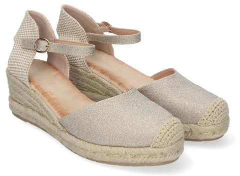 shoes&blues.es 85195 Sandalia de Cuna para Mujer, Forrado de Yute, Pala Cerrada, y Cierre de Hebilla, Primavera Verano Oro Talla 39