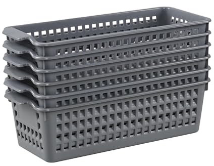 Dehouse 6 Pack Slim Plastic Storage Basket, Desktop Narrow Plastic Basket for Storage, Grey