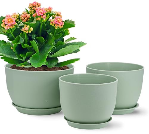 Gardrium Lot de 3 Pots 30,5/25,4/22,9 cm de Fleurs en Plastique Plantes, Jardinières Modernes avec Trous de Drainage et Soucoupe Détachable, Verte