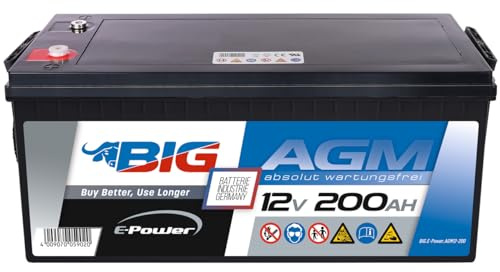 BIG E-Power AGM Versorgerbatterie: Ideal für Wohnmobil, Caravan, Photovoltaik, Inselanlagen, Solaranlagen, Camping, Marine, Gartenhütte, Unabhängige Stromversorgung, Windkraftanlagen (12V - 200Ah)