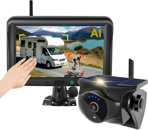 STONVUE Magnetic Solar Wireless Reversing Camera with 5 Monitor | AI pedestrian & vehicle detection, 1-min drill-free install, gesture control, night vision for RV, trailer, truck