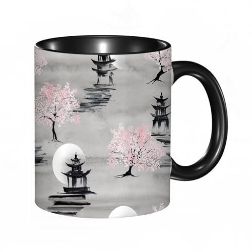EKLMPS Original Mug en céramique,idéal comme cadeau,impression de haute qualité,mug à motifs,mug à thé,à café,330ml, Cerisiers en fleurs. Motif de paysage japonais avec une pagode et une lune. Paysage