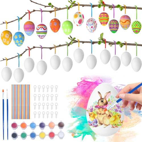 Camiki Art Ostereier zum Bemalen, 24 Stück Ostereier Plastik, Ostereier zum Aufhängen Draußen und Innen,Eier Kunststoff mit Seil Basteln,Deko Ostern Eier Dekoration und Ostern Deko Geschenk
