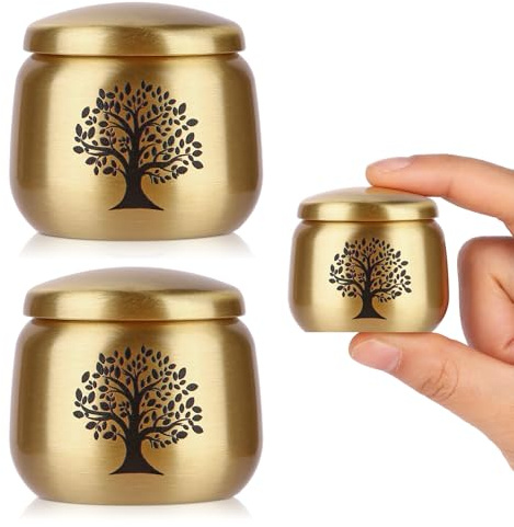 HOOMTREE Small Urns for Human Ashes Keepsake Set of 2, Mini Cremation Urns for Human or Pet Ashes, Tree of Life Pattern, Brass, Yellow, Polished Finish