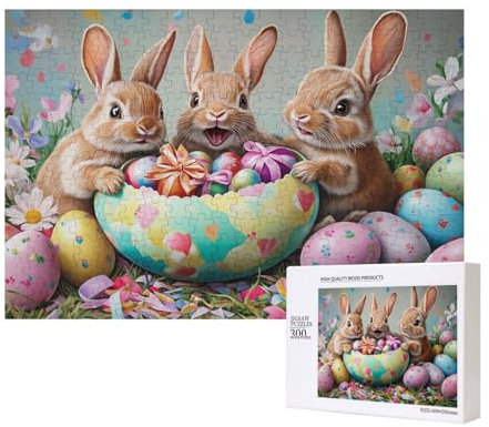 Puzzle 300 Teile Frohe Ostern Szene, Osterei Hasen Familie Holzpuzzle, Lernspielzeug, Wohndekoration