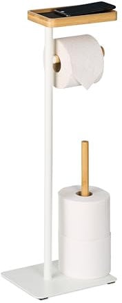 Relaxdays Toilettenpapierhalter mit Ablage, WC Rollenhalter stehend, Klopapierständer, Eisen und Bambus, weiß/natur