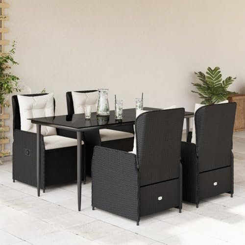 Verderoom Gartenmöbel Set 4 Verstellbare Hochlehner Stühlen mit Tisch Garten Sitzgruppe 4 Personen Gartenmöbel Set Rattan 4 Personen Polyrattan Gartenmöbel Set mit Kissen-Schwarz-5-tlg Typ 3