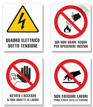 Set 4 Adesivi per pannello elettrico, dimensioni cm 12x10 cm, segnali di sicurezza indicazioni per intervento su quadri elettrici, impermeabili, anti UV, Resistenti alle Intemperie.