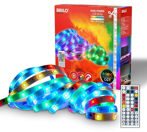 BRILONER - LED Strip 5m mit Fernbedienung, dimmbar, RGB IC dynamischer Farbwechsel, CCT, LED Streifen, Leiste, Zimmer Deko, Gaming Deko, Band, Party, Lichtleiste, 5000x10x3 mm, Weiß