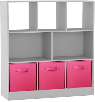 URBNLIVING 8-Cube White Bookcase Shelf Unit – Asymmetrical Storage Organizer with 3 Fabric Drawers for Home or Office-Dark Pink