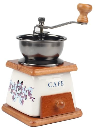 YUEHUA Manual Coffee Grinder Adjustable - Ceramic Conical Burr Mill, Cast Iron Retro Design w/Beech Wood Handle, Large 10cm Hoppe