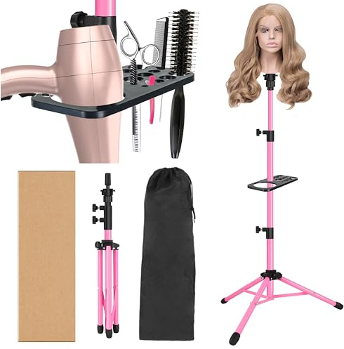 AliLeader Trépied en métal pour perruque 127 cm, réglable, support de tête de mannequin avec plateau à outils pour cosmétologie et coiffure (rose, tête de mannequin non incluse)