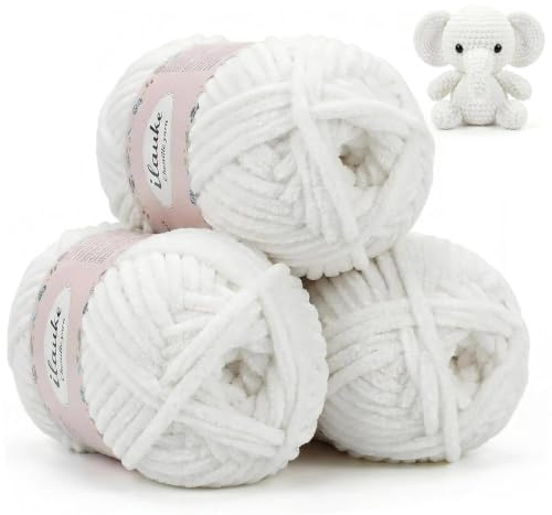 ilauke 3x100g Chenille Wolle zum Häkeln Weiß Weich Chenille Garn | Samt Chnille Wolle für Häkelgarn, Häkelwolle Flauschig für Decken, Pullover, Schals, Dicke Chenillewolle zum Stricken
