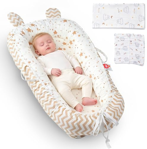 WoRaum Baby Nest,Baby Bettchen Nest,Ultraweicher, atmungsaktiver Babylounger für 0–24 Monate, Babynestchen waschbar,tragbares Schlafnest für Neugeborene mit Zubehör (Braune Sterne,mit Ohren)